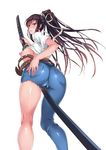  ass asymmetrical_clothes belt between_labia black_hair blue_pants breasts chinese_commentary commentary_request crotch_rub denim from_behind from_below hair_ribbon highres jeans kanzaki_kaori kneepits large_breasts long_hair looking_at_viewer looking_back loose_belt nipples ootachi pants parted_lips ponytail purple_eyes ribbon sheath sheathed shinkaui shirt shirt_lift short_sleeves single_pantsleg solo sword t-shirt thighs to_aru_majutsu_no_index torn_clothes torn_pants trefoil very_long_hair weapon white_shirt 