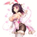  :p animal_ears bangs bikini black_hair black_legwear blunt_bangs blush boots breasts bunny_ears bunny_tail bunnysuit covered_navel cowboy_shot detached_sleeves doyouwantto eyebrows_visible_through_hair from_side fur_collar fur_trim hand_up heart large_breasts long_hair micro_bikini original pantyhose purple_eyes simple_background smile solo swimsuit tail thigh_boots thighhighs thighs tongue tongue_out white_background white_bikini_top white_footwear 