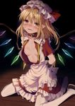  alternate_costume apron arms_behind_back bangs bdsm black_background black_footwear blonde_hair blush bondage bound bound_wrists breasts collar crying crying_with_eyes_open enmaided flandre_scarlet frilled_skirt frills hat hat_ribbon looking_at_viewer maid miniskirt mob_cap nipples one_side_up pointy_ears red_collar red_ribbon red_skirt retota ribbon shoes sitting skirt small_breasts solo tears touhou wariza white_hat white_legwear wings yellow_eyes 