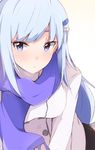  bangs blue_eyes coat enelis hair_ornament hairclip idolmaster idolmaster_million_live! idolmaster_million_live!_theater_days light_blue_hair long_hair looking_at_viewer purple_scarf scarf shiraishi_tsumugi solo winter_clothes winter_coat 