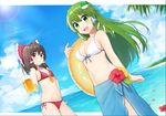  :d absurdres alcohol beer beer_mug bikini blush bow breasts brown_hair cleavage commentary_request cowboy_shot cup day flower frog_hair_ornament green_eyes green_hair hair_bow hair_ornament hair_tubes hakurei_reimu highres holding holding_cup innertube kochiya_sanae long_hair medium_breasts multiple_girls navel ocean open_mouth outdoors parted_lips red_bikini red_bow red_eyes red_flower sarong side-tie_bikini smile snake_hair_ornament standing sun swimsuit touhou water white_bikini_top yada_(xxxadaman) 