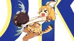  &gt;o&lt; animal_ears anime_coloring antlers bangs bare_shoulders bow bowtie brown_hair d: elbow_gloves eyebrows_visible_through_hair gloves high-waist_skirt kemono_friends moose_(kemono_friends) moose_ears multiple_girls open_mouth orange_hair orange_legwear orange_skirt pulling serval_(kemono_friends) serval_ears serval_print serval_tail shirt short_hair skirt standing standing_on_one_leg stuck tail thighhighs tomato_(lsj44867) v-shaped_eyebrows white_shirt 