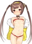  ass_visible_through_thighs azur_lane bad_id bad_twitter_id bangs bare_shoulders beltbra black_neckwear blunt_bangs blush bra bra_lift breasts breasts_outside brown_hair choker commentary cowboy_shot eyebrows_visible_through_hair fur-trimmed_jacket fur_trim hairband halterneck headgear highres jacket little_mea long_hair long_sleeves looking_at_viewer navel nipples off_shoulder panties parted_lips ping_hai_(azur_lane) red_bra red_eyes red_panties simple_background skindentation small_breasts solo standing thigh_gap twintails underwear undressing very_long_hair white_background yellow_jacket 