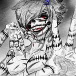  black_sclera blood breasts hands hatching_(texture) horror_(theme) inxsis looking_at_viewer mako_(inxsis) medium_breasts original red_eyes ringed_eyes scar self_upload sketch smile solo spot_color 