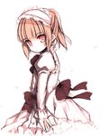  arm_at_side blush bow brown_bow brown_hair closed_mouth dress hairband head_tilt high_ponytail juliet_sleeves kurasuke lolita_fashion lolita_hairband long_hair long_sleeves looking_at_viewer looking_to_the_side original puffy_sleeves red_eyes simple_background sketch solo white_background white_dress 