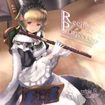  bergenia_(flower_knight_girl) black_hairband blonde_hair brooch cape dress expressionless flower_knight_girl flute frilled_hairband frills fur_trim gloves hairband holding holding_instrument instrument jewelry looking_at_viewer murano_(ursa_polaris) piano purple_eyes short_hair sitting solo white_gloves 