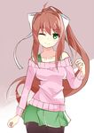  ;) ahoge artist_name bare_shoulders brown_hair casual collarbone commentary doki_doki_literature_club green_eyes hair_ribbon highres jewelry long_hair looking_at_viewer monika_(doki_doki_literature_club) off-shoulder_sweater one_eye_closed pantyhose pink_sweater pleated_skirt ponytail ribbon ring simple_background skirt smile solo sweater vanna wedding_band 