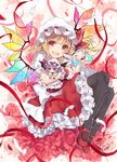  bangs black_legwear blonde_hair character_doll feathers flandre_scarlet flower hat hat_ribbon highres looking_at_viewer mob_cap open_mouth over-kneehighs puffy_short_sleeves puffy_sleeves red_eyes red_flower red_footwear red_ribbon red_rose red_skirt remilia_scarlet ribbon rose shoes short_sleeves skirt skirt_set smile solo thighhighs touhou toutenkou white_hat wings wrist_cuffs 
