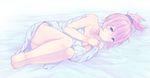  aoba_(kantai_collection) ass barefoot blue_eyes blush collarbone hair_between_eyes kantai_collection lying on_side pink_hair ponytail shikajima_shika short_hair solo toes 