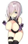  bare_shoulders black_legwear blush breasts breasts_outside elbow_gloves embarrassed fate/grand_order fate_(series) flying_sweatdrops gloves hair_over_one_eye large_breasts leotard looking_at_viewer mash_kyrielight nipples open_mouth purple_eyes purple_gloves purple_hair short_hair simple_background sky_(freedom) solo tears thigh_strap thighhighs white_background 