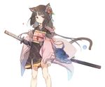  animal_ears bad_id bad_pixiv_id bandaged_arm bandages bangs black_kimono blunt_bangs blush brown_hair cat_ears cat_tail closed_mouth commentary eyebrows_visible_through_hair feet_out_of_frame flower hair_flower hair_ornament japanese_clothes katana kimono legs_apart long_hair long_sleeves looking_at_viewer mask mask_removed mitu_yang obi oni_mask original purple_eyes sash sheath sheathed simple_background solo standing sword tail weapon white_background wide_sleeves 