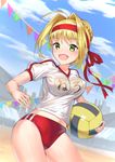  ahoge ball blonde_hair blush breasts buruma cameltoe chromatic_aberration fate/extra fate_(series) green_eyes gym_uniform hair_intakes headband highres large_breasts looking_at_viewer nero_claudius_(fate) nero_claudius_(fate)_(all) olympian_bloomers open_mouth shirt short_sleeves smile solo upper_body volleyball white_shirt yasei_no_chimpanzee 