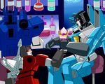  80s arm_cannon bar bar_stool bartender bottle cannon decepticon energon frenzy full_body holding hufuhao indoors machine machinery mecha multiple_boys no_humans oldschool open_mouth red_eyes robot science_fiction sitting smile soundwave standing stool thundercracker transformers underwater weapon 
