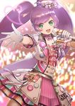  :d bad_id bad_pixiv_id bangs blurry blurry_background choker commentary_request cowboy_shot depth_of_field dress gloves green_eyes hat heart highres isaroishin long_hair manaka_lala microphone music open_mouth pin pink_neckwear pretty_(series) pripara purple_hair ribbon short_sleeves singing smile solo_focus standing twintails very_long_hair white_gloves 
