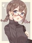  :o adjusting_eyewear bag bangs black_sweater blush border braid breasts brown_hair commentary_request frills glasses hand_up heart highres long_sleeves looking_at_viewer medium_breasts minasenagi open_mouth original over_shoulder purple_eyes red-framed_eyewear ribbed_sweater semi-rimless_eyewear shiny shiny_hair short_hair shoulder_bag sleeves_past_wrists solo striped striped_background sweater symbol-shaped_pupils tareme twin_braids under-rim_eyewear upper_body vertical-striped_background vertical_stripes yellow_border 