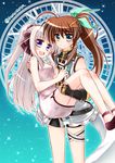  2girls blush brown_hair couple fuuka_reventon hair_ornament happy koguroya kohakura long_hair lyrical_nanoha mahou_shoujo_lyrical_nanoha multiple_girls open_mouth ponytail princess_carry qipao ribbon rinne_berlinetta smile thighs vivid_strike! white_hair yuri 