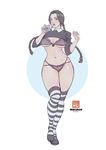  1girl addams_family black_eyes black_hair bokuman bottle bra braid breasts cleavage full_body large_breasts lips long_hair looking_at_viewer navel open_mouth panties poison shirt shirt_lift shoes skirt solo standing striped_legwear thighhighs twin_braids underwear wednesday_addams 