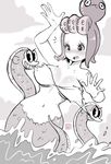  1girl :d breasts bush cala_maria_(cuphead) cuphead_(game) eel giantess greyscale kenron_toqueen mermaid monochrome monster_girl navel ocean seashell_bikini sky smile water 