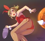  animal_ears ass black_background bow bowtie brown_hair bunny_ears bunny_tail bunnysuit cowboy_shot detached_collar flipped_hair fukusuke_hachi-gou highres jack-o'-lantern leotard looking_back open_mouth orange_eyes original pantyhose red_leotard red_neckwear short_hair solo strapless strapless_leotard tail tail_removed tray wrist_cuffs 