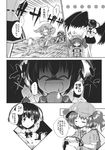  2girls aozora_market backpack bag belt bow bowtie comic crying dress_shirt greyscale hair_bobbles hair_ornament hat highres kawashiro_nitori key monochrome multiple_girls scan shameimaru_aya shirt short_hair short_sleeves skirt streaming_tears sweatdrop tears tokin_hat touhou translated twintails two_side_up wings 