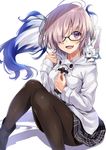  :d alternate_costume ankle_boots antenna_hair black-framed_eyewear black_footwear black_legwear black_skirt blush boots casual commentary_request creature_on_shoulder duffel_coat eyebrows_visible_through_hair fate/grand_order fate_(series) fou_(fate/grand_order) glasses hair_over_one_eye hand_on_own_chest kakao_rantan knees_together_feet_apart knees_up long_sleeves looking_at_viewer mash_kyrielight miniskirt open_mouth pantyhose pink_hair plaid plaid_skirt purple_eyes short_hair simple_background sitting skirt smile white_background white_coat 