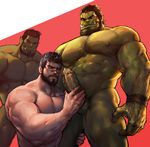  3boys abs bara beard body_hair cum cum_on_body dragon_age dragon_age_2 erection evil_grin facial facial_hair fangs green_skin grin handjob hawke_(dragon_age_2) interspecies male_focus monster multiple_boys muscle naughty_face nude ogre orc pecs penis penis_grab scar size_difference tagme teeth testicles yaoi yy6242 