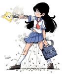  ammunition arm_cannon bag blouse bookbag commentary_request cyborg dress firing gatling_gun gun kiichi long_hair minigun neckerchief original pleated_skirt ribbon sailor_collar sailor_dress school_bag school_uniform serafuku shell_casing shirt skirt solo weapon 