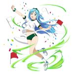  :d arm_up asuna_(sao-alo) blue_eyes blue_hair bow breasts floating_hair full_body green_bow green_buruma green_hairband gym_uniform hair_bow long_hair looking_at_viewer medium_breasts midriff navel one_leg_raised open_mouth shirt short_sleeves smile socks stomach sword_art_online transparent_background very_long_hair white_legwear white_shirt wrist_cuffs 