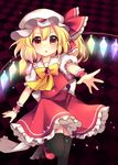  :o absurdres bangs black_background black_legwear blonde_hair brooch checkered checkered_background chestnut_mouth commentary_request crystal flandre_scarlet frilled_shirt frilled_shirt_collar frilled_skirt frilled_sleeves frills glowing glowing_wings gradient_eyes hair_between_eyes hat hat_ribbon highres jewelry leg_up looking_away mary_janes medium_hair medium_skirt mob_cap multicolored multicolored_eyes outstretched_arm pink_footwear puffy_short_sleeves puffy_sleeves purple_background reaching_out red_eyes red_ribbon red_skirt red_vest ribbon ruhika shirt shoes short_sleeves side_ponytail skirt skirt_set solo standing standing_on_one_leg touhou v-shaped_eyebrows vest white_hat white_shirt wings wrist_cuffs yellow_eyes yellow_neckwear 