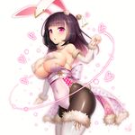  :o :p animal_ears bangs bikini black_hair black_legwear blunt_bangs blush boots breasts bunny_ears bunny_tail bunnysuit covered_navel cowboy_shot detached_sleeves doyouwantto eyebrows_visible_through_hair from_side fur_collar fur_trim hand_up heart large_breasts long_hair micro_bikini original pantyhose parted_lips purple_eyes simple_background solo swimsuit tail thigh_boots thighhighs thighs tongue tongue_out white_background white_bikini_top white_footwear 