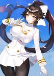  azur_lane bangs black_hair black_legwear blue_sky blunt_bangs breasts brown_eyes closed_mouth cloud commentary_request covered_navel cowboy_shot day double-breasted expressionless eyebrows_visible_through_hair floating_hair gloves hair_ribbon hand_up high_ponytail jacket large_breasts long_hair long_sleeves looking_at_viewer military military_uniform miniskirt ogino_atsuki pantyhose pleated_skirt ponytail ribbon shiny shiny_hair skirt sky solo standing takao_(azur_lane) tassel taut_clothes thigh_gap thighband_pantyhose thighs underbust uniform very_long_hair white_gloves white_jacket white_ribbon white_skirt wind wind_lift 