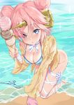  absurdres bandages barefoot beach bikini blue_bikini blue_eyes blush bottomless breasts cleavage day double_bun fate/apocrypha fate/grand_order fate_(series) food frankenstein's_monster_(fate) frankenstein's_monster_(swimsuit_saber)_(fate) hair_over_one_eye headgear highres horn ice_cream ice_cream_cone jacket looking_at_viewer medium_breasts pink_hair short_hair solo summer swimsuit triple_scoop yasei_no_chimpanzee 