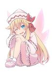  ;d blonde_hair blue_eyes blush bobby_socks bow capelet dress eyebrows_visible_through_hair fairy_wings hair_between_eyes hat highres leaning_forward leg_hug legs_together lily_white long_hair long_sleeves looking_at_viewer one_eye_closed open_mouth red_bow shoes simple_background sitting smile socks solo touhou very_long_hair white_background white_dress wide_sleeves wings yutamaro 