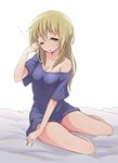  ;o bangs bare_legs bed_sheet blonde_hair blue_shirt bottomless breasts cleavage collarbone commentary_request eyebrows_visible_through_hair ichii_yui long_hair looking_at_viewer medium_breasts mel_(melty_pot) naked_shirt off_shoulder one_eye_closed open_mouth oversized_clothes shirt short_sleeves sidelocks sitting sleepy solo t-shirt yellow_eyes yuyushiki 
