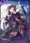  akkijin black_dress black_feathers black_hair bridge card_(medium) clock clock_tower dress feathers gloves hair_ornament hand_on_own_chest looking_at_viewer moon night night_sky official_art purple_gloves red_eyes shinkai_no_valkyrie sky solo telescope thighhighs tower 