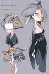  1girl amiami cleavage dated female geisha grey_hair kimono obi original pale_skin solo sword wakizashi weapon 