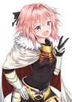  absurdres androgynous armor astolfo_(fate) black_bow black_skirt bow braid cape fang fate/apocrypha fate_(series) faulds garter_straps gauntlets hair_intakes hair_ribbon highres looking_at_viewer male_focus multicolored_hair open_mouth otoko_no_ko pink_hair purple_eyes ribbon simple_background single_braid skirt smile solo streaked_hair upper_body v white_background yasei_no_chimpanzee 