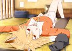  animal_ears bare_legs black_gloves blonde_hair blush bow bowtie ezo_red_fox_(kemono_friends) fox_ears fox_tail gloves hair_between_eyes indoors jacket kawayoshi kemono_friends long_hair long_sleeves looking_at_viewer lying necktie no_legwear on_back open_mouth orange_eyes orange_jacket outstretched_arms pleated_skirt skirt solo spread_arms tail tatami television white_neckwear white_skirt 