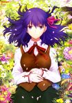  absurdres brown_jacket fate/stay_night fate_(series) flower green_skirt hand_on_own_stomach highres homurahara_academy_uniform jacket lying matou_sakura newtype purple_eyes purple_hair red_ribbon ribbon school_uniform shirt skirt solo sudou_tomonori white_shirt 