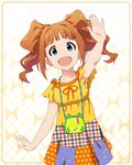  arm_up armpits artist_request bag bangs blue_eyes blunt_bangs breasts collarbone curly_hair frog hair_ornament hair_scrunchie idolmaster idolmaster_(classic) idolmaster_million_live! idolmaster_million_live!_theater_days looking_at_viewer official_art open_mouth orange_hair plaid plaid_skirt polka_dot_skirt print_scrunchie red_scrunchie ribbon scrunchie short_sleeves skirt small_breasts smile solo star star_print takatsuki_yayoi twintails 