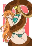  1girl artist_request ass bikini bondage breast_press breasts brown_eyes cleavage crossover curvy disney female forced hips kaa_(jungle_book) large_breasts long_hair nami_(one_piece) navel one_eye_closed one_piece orange_hair shiny_skin simple_background smile snake solo stomach swimsuit thick_thighs thighs wide_hips 