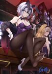  absurdres alcohol animal_ears artist_name ass bar bare_shoulders black_legwear blonde_hair blush bottle braid breasts bunny_ears bunny_girl bunnysuit chain cleavage cup detached_collar drinking_glass fake_animal_ears fate/grand_order fate_(series) fishnet_pantyhose fishnets full_body fur_trim gins hair_between_eyes hairband headpiece high_heels highres indoors jeanne_d'arc_(alter)_(fate) jeanne_d'arc_(fate) jeanne_d'arc_(fate)_(all) large_breasts leotard long_hair looking_at_another looking_back multiple_girls pantyhose parted_lips purple_eyes purple_leotard shoes short_hair silver_hair single_braid single_shoe sitting sitting_on_table smirk soles solo_focus spilling standing tray very_long_hair wine wine_bottle wine_glass yellow_eyes 