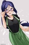  adjusting_eyewear arm_at_side bangs banned_artist bespectacled black-framed_eyewear black_shirt blush breasts collarbone cowboy_shot dutch_angle eyebrows_visible_through_hair glasses green_skirt grey_background hand_up long_hair long_skirt looking_at_viewer love_live! love_live!_sunshine!! matsuura_kanan medium_breasts open_mouth parted_bangs ponytail purple_eyes purple_hair shirt short_sleeves skirt solo standing striped suspender_skirt suspenders tareme tasora twitter_username vertical-striped_skirt vertical_stripes very_long_hair 