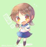  1girl bangs blue_sailor_collar blue_skirt brown_eyes brown_hair chibi flying_sweatdrops full_body green_background kantai_collection kouu_hiyoyo looking_at_viewer low_twintails parted_bangs pleated_skirt sailor_collar school_uniform serafuku shirayuki_(kantai_collection) short_twintails simple_background skirt solo standing twintails wavy_mouth 