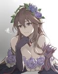  annoyed backlighting bangs bare_shoulders breasts brown_hair cleavage clenched_teeth commentary_request empty_eyes eyebrows_visible_through_hair flower gloves granblue_fantasy hair_between_eyes half-closed_eyes highres kakage large_breasts light long_hair looking_to_the_side playing_with_own_hair purple_eyes purple_flower purple_gloves purple_rose rose rosetta_(granblue_fantasy) shiny shiny_hair solo teeth very_long_hair wide_sleeves 