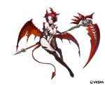  bare_shoulders between_breasts breasts company_name demon_girl demon_horns demon_tail demon_wings detached_collar elbow_gloves epis_(king's_raid) ezu_(leejiyu) full_body gem gloves highres horns king's_raid large_breasts looking_at_viewer navel official_art pale_skin red_eyes red_hair red_lips revealing_clothes scythe short_hair smile solo tail torn_wings transparent_background wings 