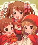  2girls ahoge apple bow brown_hair cosplay dress food fruit hair_bow idolmaster idolmaster_cinderella_girls idolmaster_million_live! idolmaster_side-m kinoshita_hinata little_red_riding_hood little_red_riding_hood_(grimm) little_red_riding_hood_(grimm)_(cosplay) looking_at_viewer mizushima_saki multiple_girls open_mouth otoko_no_ko pink_bow red_bow red_hood shinonoko_(tubamecider) smile twintails upper_body v yorita_yoshino 