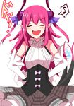  absurdres bare_shoulders blush bow closed_eyes commentary_request corset curled_horns dragon_horns dragon_tail eighth_note elbow_gloves elizabeth_bathory_(fate) elizabeth_bathory_(fate)_(all) fang fate/extra fate/extra_ccc fate/grand_order fate_(series) gloves guritto hands_on_hips highres horns long_hair musical_note open_mouth pink_hair plaid plaid_skirt pointy_ears simple_background sketch skirt smile solo speech_bubble spoken_musical_note tail tail_wagging translation_request white_background 