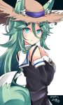  animal_ears blue_eyes commentary_request detached_sleeves ears_through_headwear flying_sweatdrops fox_ears fox_tail green_hair hair_between_eyes hair_ornament hairclip hat hebitsukai-san highres kantai_collection kemonomimi_mode long_hair looking_at_viewer parted_lips school_uniform serafuku solo straw_hat tail tail_wagging yamakaze_(kantai_collection) 