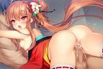  1girl :o ass bare_shoulders blush breasts brown_hair censored cum cum_in_pussy female_orgasm flower flower_knight_girl game_cg hair_bun hair_flower hair_ornament hetero japanese_clothes kimono long_hair mosaic_censoring official_art open_mouth orange_eyes orgasm overflow penis ponytail senryou_(flower_knight_girl) sex sidelocks small_breasts solo_focus sugimeno thighhighs vaginal 